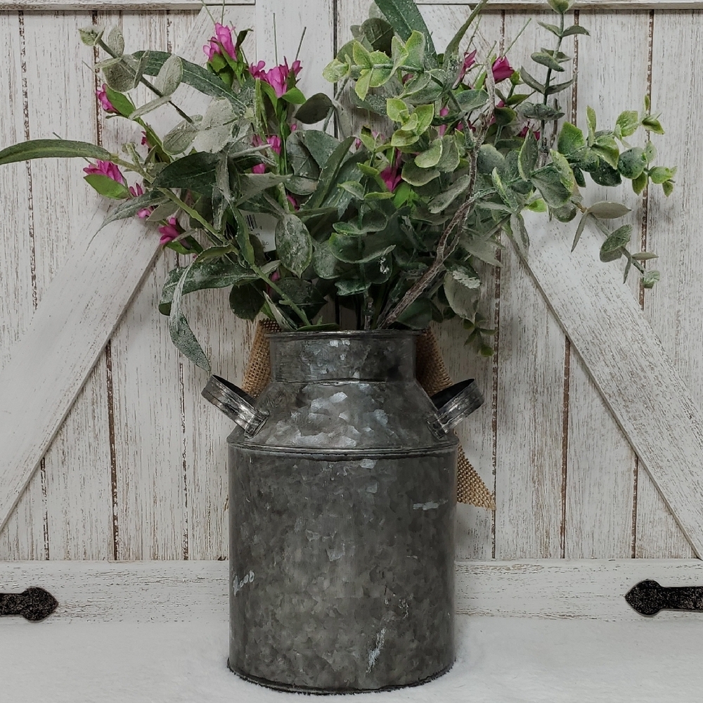 Pink Floral Arrangement in Galvanized Metal Milk Can with Burlap Bow Country - Picture 5 of 6